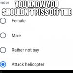 Attack helicopter meme #2 | YOU KNOW YOU SHOULDN'T PISS OFF THE | image tagged in attack helicopter | made w/ Imgflip meme maker