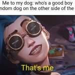 Arcane meme cause no one makes them | Me to my dog: who's a good boy
The random dog on the other side of the street:; That's me | image tagged in that s me | made w/ Imgflip meme maker