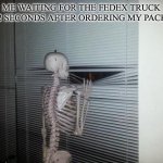 Quite possibly me | ME WAITING FOR THE FEDEX TRUCK 0.0002 SECONDS AFTER ORDERING MY PACKAGE | image tagged in skeleton looking out window | made w/ Imgflip meme maker