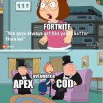 Ok so I actually still play fortnite but I love all of these game | FORTNITE APEX OVERWATCH COD | image tagged in you guys always act like you're better than me,lol,family guy,fortnite meme,cod,apex legends | made w/ Imgflip meme maker