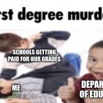 this is brutal | SCHOOLS GETTING PAID FOR OUR GRADES; DEPARTMENT OF EDUCATION; ME | image tagged in first degree murder,memes,funny,school | made w/ Imgflip meme maker