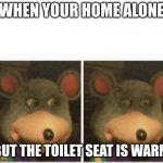 warm seat | WHEN YOUR HOME ALONE; BUT THE TOILET SEAT IS WARM | image tagged in chuck e cheese rat stare | made w/ Imgflip meme maker
