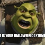 Hi | GUYS WHAT IS YOUR HALLOWEEN COSTUME THIS YEAR? | image tagged in shrek what are you doing in my swamp,halloween,halloween costume | made w/ Imgflip meme maker