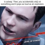 Pop | Pov: You walk slowly and quietly to the kitchen for a snack while everyone is asleep. Then, you accidentally step on something and it pops as loud as an explosion. | image tagged in 99 level of stress,funny,memes,blank white template,pop,pov | made w/ Imgflip meme maker