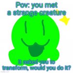 My first roleplay! (Da rules: no nsfw, no denying, no weird roleplays!) | Pov: you met a strange creature; It asked you to transform, would you do it? | image tagged in happy slime,roleplaying | made w/ Imgflip meme maker