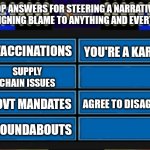 Family Feud survey board | TOP ANSWERS FOR STEERING A NARRATIVE, OR ASSIGNING BLAME TO ANYTHING AND EVERYTHING. VACCINATIONS; YOU'RE A KAREN; SUPPLY CHAIN ISSUES; GOVT MANDATES; AGREE TO DISAGREE; ROUNDABOUTS | image tagged in family feud survey board | made w/ Imgflip meme maker