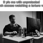 funny title idk | 9 y/o me with unprotected search access watching a torture video | image tagged in gigachad on the computer | made w/ Imgflip meme maker
