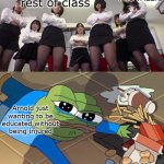 Please can we go on a normal field tri- | Mrs frizzle; rest of class; Arnold just wanting to be educated without being injured | image tagged in pepe falls | made w/ Imgflip meme maker