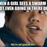 girls are stupid. | WHEN A GIRL SEES A SWARM OF MOTHS NOT EVEN GOING IN THERE DIRECTION: | image tagged in we're all gonna die | made w/ Imgflip meme maker