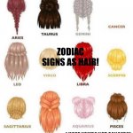 Zodiac Signs As Hair!!! | ZODIAC SIGNS AS HAIR! I HOPE YOU’RE NOT CANCER!!! | image tagged in zodiac signs as hair | made w/ Imgflip meme maker