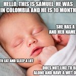 samuel | HELLO, THIS IS SAMUEL  HE WAS BORN IN COLOMBIA AND HE IS 10 MONTHS OLD. SHE HAS A DOG AND HER NAME IS LUNA; HE LIKES TO EAT AND SLEEP A LOT; DOES NOT LIKE TO BE ALONE AND HAVE A WET DIAPER | image tagged in bebe_recien_nacido | made w/ Imgflip meme maker