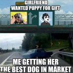car drifting to the right  | GIRLFRIEND WANTED PUPPY FOR GIFT; ME GETTING HER THE BEST DOG IN MARKET | image tagged in car drifting to the right | made w/ Imgflip meme maker