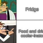 Drake but it's Doofenshmirtz | Fridge; Food and drink cooler-inator | image tagged in drake but it's doofenshmirtz | made w/ Imgflip meme maker