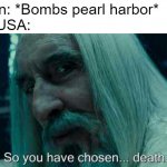 So you have chosen death | Japan: *Bombs pearl harbor*
The USA: | image tagged in so you have chosen death,world war 2,usa | made w/ Imgflip meme maker