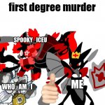 First Degree Murder Melmezor,Sylceon and Prince | SPOOKY_ICEU; ME; WHO_AM_I | image tagged in first degree murder melmezor sylceon and prince | made w/ Imgflip meme maker