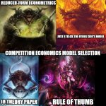 Competition economics chaos gods | REDUCED-FORM ECONOMETRICS; JUST ATTACK THE OTHER SIDE'S MODEL; COMPETITION ECONOMICS MODEL SELECTION; IO THEORY PAPER; RULE OF THUMB | image tagged in warhammer 40k chaos gods | made w/ Imgflip meme maker