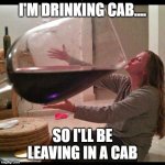 Wine Drinker | I'M DRINKING CAB.... SO I'LL BE LEAVING IN A CAB | image tagged in wine drinker | made w/ Imgflip meme maker