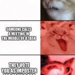 I hate when this happens | YOU'RE DOING TASKS AS A CREWMATE; SOMEONE CALLS A MEETING IN THE MIDDLE OF A TASK; THEY VOTE YOU AS IMPOSTER FOR TAKING TOO LONG ON THE TASK | image tagged in crying cats | made w/ Imgflip meme maker