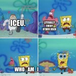 Sandy Catches squidward and patrick | LITERALLY EVERY OTHER USER; ICEU. WHO_AM_I | image tagged in sandy catches squidward and patrick | made w/ Imgflip meme maker
