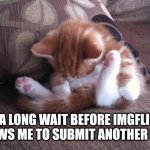 Cat sleeping in awkward position. | A LONG WAIT BEFORE IMGFLIP ALLOWS ME TO SUBMIT ANOTHER MEME. | image tagged in cat sleeping in awkward position | made w/ Imgflip meme maker