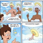 Dino nuggets | He invented Dino nuggets | image tagged in halo sizes on cloud 9 | made w/ Imgflip meme maker