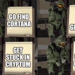 Halo 5 be like | GET TO GENESIS; GO FIND CORTANA; GET STUCK IN CRYPTUM; GET STUCK IN CRYPTUM | image tagged in master chief's plan- despicable me halo | made w/ Imgflip meme maker
