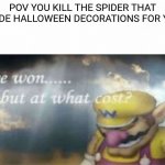 i won but at what cost | POV YOU KILL THE SPIDER THAT MADE HALLOWEEN DECORATIONS FOR YOU | image tagged in i won but at what cost | made w/ Imgflip meme maker