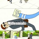 You don't own the 90s | Growing up in the 90s is not a personality trait; Millennials | image tagged in dogding the flyer template,millennials,millennial,90s,90s kids | made w/ Imgflip meme maker