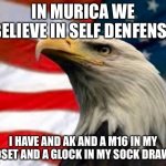 It was self denfense Judge | IN MURICA WE BELIEVE IN SELF DENFENSE; I HAVE AND AK AND A M16 IN MY CLOSET AND A GLOCK IN MY SOCK DRAWER | image tagged in murica patriotic eagle | made w/ Imgflip meme maker