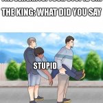 check the spelling | THE SERVANTS: YOUR STUPID SIR; THE KING: WHAT DID YOU SAY; STUPID | image tagged in carry,stupid | made w/ Imgflip meme maker