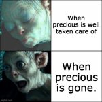 Precious | When precious is well taken care of; When precious is gone. | image tagged in awaken with smeagol | made w/ Imgflip meme maker