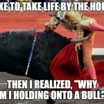 Bullfighter getting gored in crotch | I LIKE TO TAKE LIFE BY THE HORNS; THEN I REALIZED, "WHY AM I HOLDING ONTO A BULL?" | image tagged in bullfighter getting gored in crotch | made w/ Imgflip meme maker