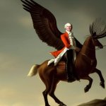 Alexander Hamilton riding a reindeer griffin