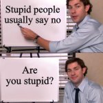 Image title | Stupid people usually say no Are you stupid? | image tagged in jim halpert explains,funny,lol | made w/ Imgflip meme maker