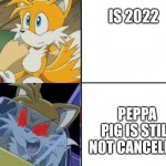 I hate peppa | IS 2022; PEPPA PIG IS STILL NOT CANCELLED | image tagged in tails calm then angry meme,peppa pig,cancelled,2022,tails the fox,sonic the hedgehog | made w/ Imgflip meme maker