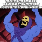 pls help me | TEACHERS AFTER GIVING US A 10 PAGE LONG STUDY PAPERS JUST SO 10% OF IT IS ACTUALLY IN THE TEST | image tagged in skeletor | made w/ Imgflip meme maker