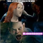 Walk in the wind be like | MOM: LETS GO FOR A WALK IN THE WIND; ME:NOOOOOOOOOOO! | image tagged in smeagol we hates it | made w/ Imgflip meme maker