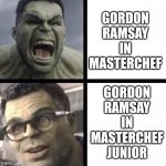 Professor Hulk | GORDON RAMSAY IN MASTERCHEF; GORDON RAMSAY IN MASTERCHEF JUNIOR | image tagged in professor hulk,hulk,gordon ramsay,idk | made w/ Imgflip meme maker