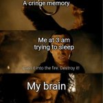 No sleep for u | A cringe memory; Me at 3 am trying to sleep; My brain | image tagged in cast it in the fire,bruh,lol,lol so funny,memes,funny memes | made w/ Imgflip meme maker