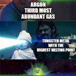 bruh lightbulbs today | ARGON THIRD MOST ABUNDANT GAS; TUNGSTEN METAL WITH THE HIGHEST MELTING POINT; LIGHTBULB | image tagged in sully wazowski laser | made w/ Imgflip meme maker