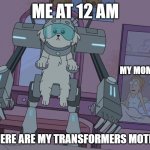 where are my transformers, mother? | ME AT 12 AM; MY MOM; WHERE ARE MY TRANSFORMERS MOTHER | image tagged in where are my testicles summer | made w/ Imgflip meme maker