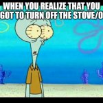 ?B?U?R?N? | WHEN YOU REALIZE THAT YOU FORGOT TO TURN OFF THE STOVE/OVEN | image tagged in squidward face,oven | made w/ Imgflip meme maker