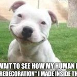 Smiling Pitbull | I CAN'T WAIT TO SEE HOW MY HUMAN REACTS; TO THE "REDECORATION" I MADE INSIDE THE HOUSE. | image tagged in smiling pitbull | made w/ Imgflip meme maker