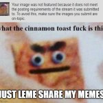 Bruh | JUST LEME SHARE MY MEMES | image tagged in what the cinnamon toast f is this | made w/ Imgflip meme maker
