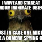 weird stuff i do pootoo | I WAVE AND STARE AT RANDOM INANIMATE 
OBJECTS JUST IN CASE ONE MIGHT HAVE A CAMERA SPYING ON ME | image tagged in weird stuff i do pootoo | made w/ Imgflip meme maker
