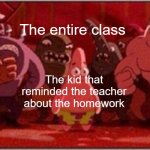 Usually, I'd finish homework in class before they'd have the chance to dump it on me. | The entire class; The kid that reminded the teacher about the homework | image tagged in oh crap patrick | made w/ Imgflip meme maker