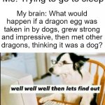 This sounds like the premise for a bad variation of The Ugly Duckling story. The Ugly Puppy? | Me: Trying to go to sleep; My brain: What would happen if a dragon egg was taken in by dogs, grew strong and impressive, then met other dragons, thinking it was a dog? | image tagged in well well well then lets find out | made w/ Imgflip meme maker