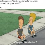 Can You Like Shut Up? | Job Interviewer: "Under special skills you wrote, 
'conceals hangovers well?'”
 
Me: | image tagged in can you like shut up,meme,memes,humor,funny,work | made w/ Imgflip meme maker