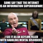 Internet | SOME SAY THAT THE INTERNET IS AN INFORMATION SUPERHIGHWAY. I SEE IT AS AN ASYLUM FILLED WITH BABBLING MENTAL DISORDERS. | image tagged in jean luc picard | made w/ Imgflip meme maker