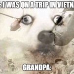 grandpa with the flashbacks | ME: I WAS ON A TRIP IN VIETNAM; GRANDPA: | image tagged in vietnam dog | made w/ Imgflip meme maker